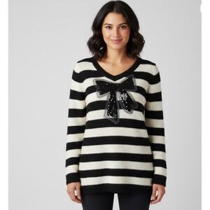 Wet Seal Women Black White Striped V Neck Sweater with Sequin Bow Size L Vtg Y2K